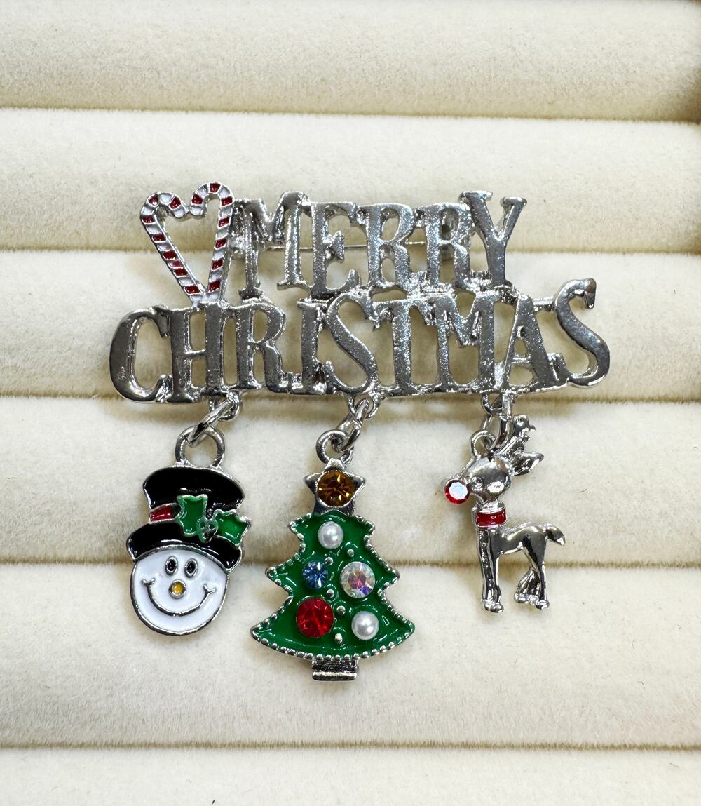 Merry Christmas Pin Brooch Snowman Tree Reindeer Charms Holiday Brooch 2" CP161
